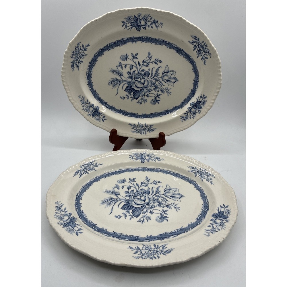 2 Rosedale Wood & Sons England Transfer Ware Blue White Pattern Oval Platters